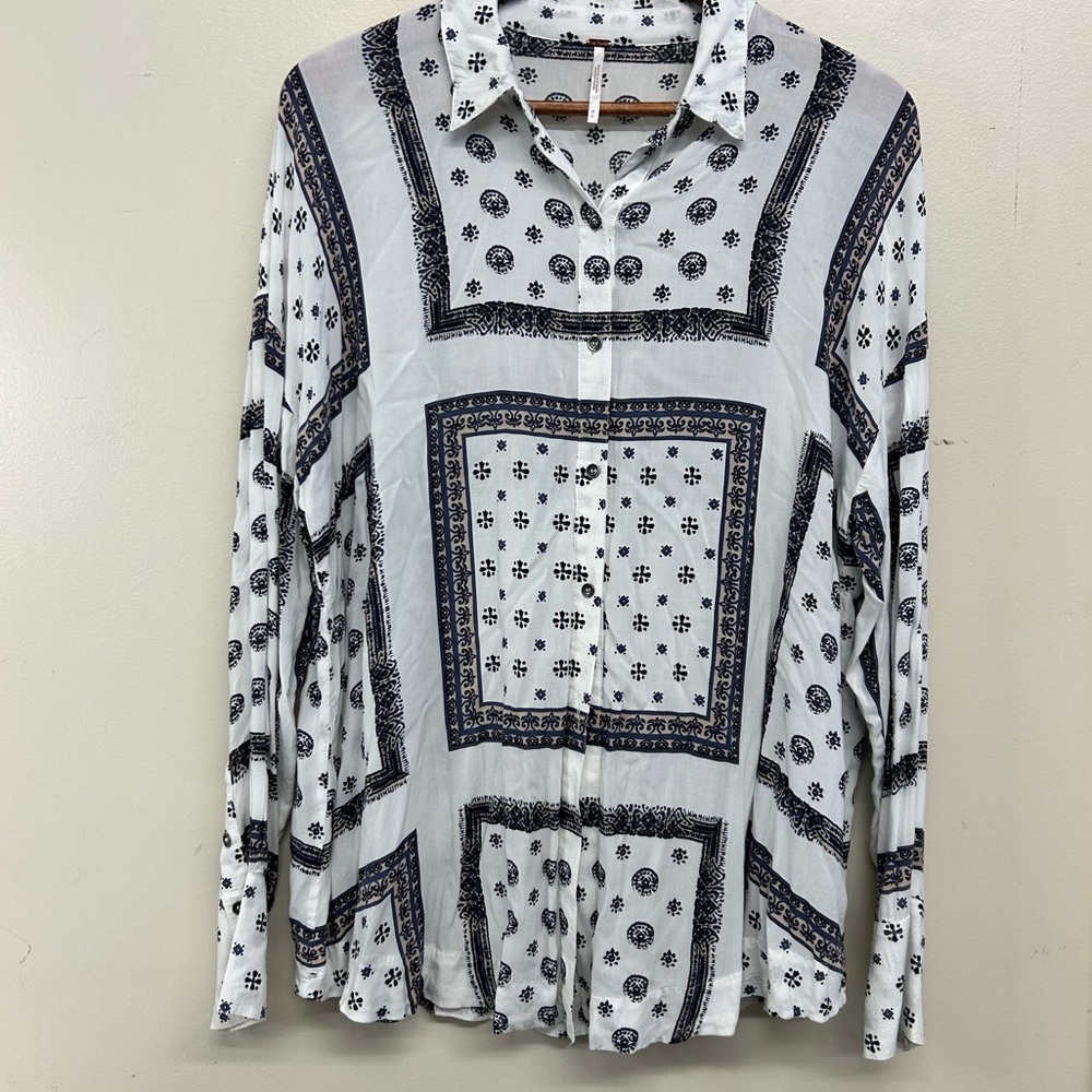 Free People White Blue Block Print Button Down Shirt | Sz M